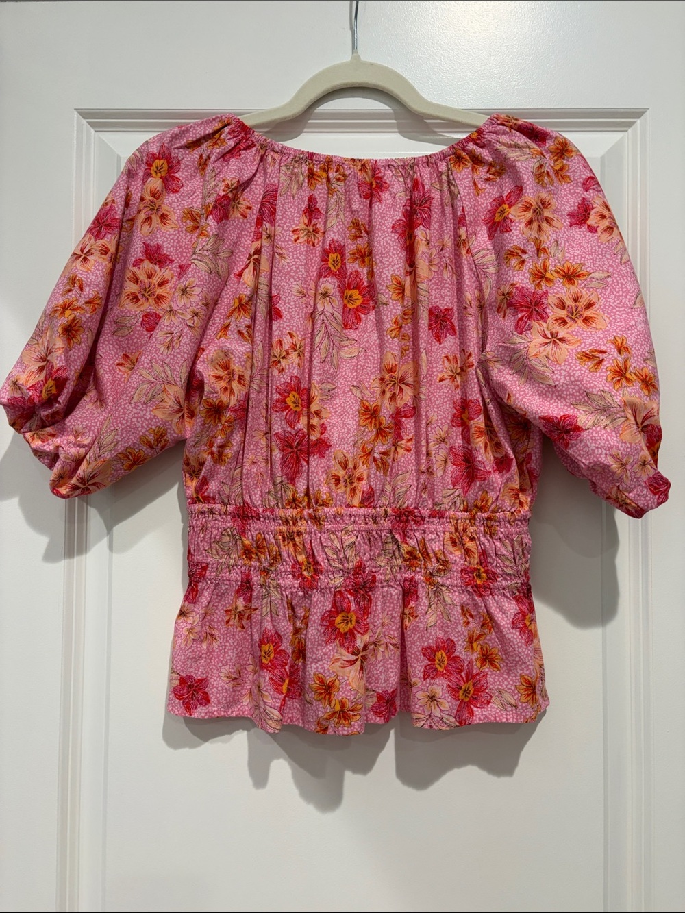 LOFT Pink Floral Puff-Sleeve Peplum Blouse, Small - Picture 6 of 7